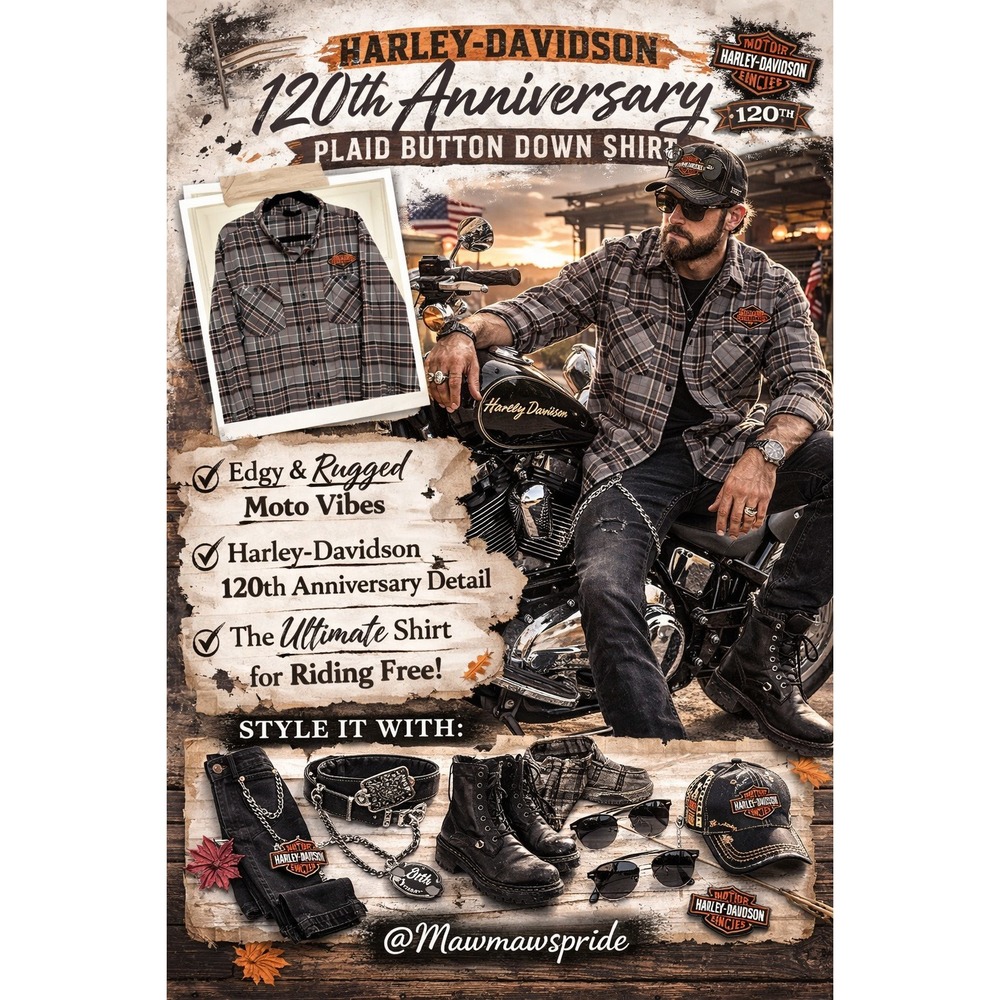 Harley-Davidson 120th Anniversary Plaid Button Down‎ Shirt 2XL Grey Moto Flannel - Picture 9 of 9